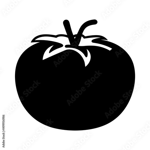 Simple black and white tomato illustration with stem and leaves design