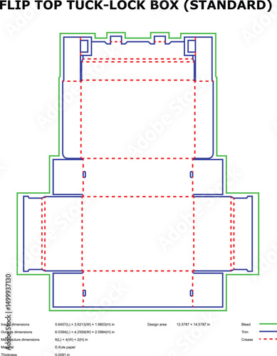 Standard flip top tuck lock box packaging die cut template