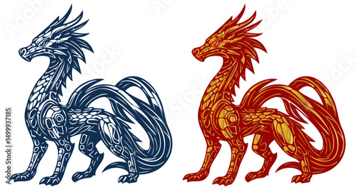 Two dragons, one blue and one red, are standing side by side. The blue dragon has a more traditional look, while the red dragon has a more modern and futuristic appearance
