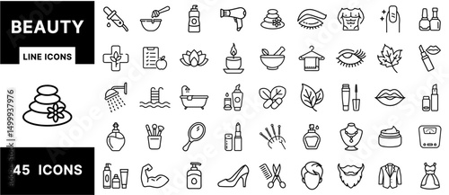 Beauty Line Icons Set – Skincare, Spa, Cosmetics, Makeup, Wellness, Self-Care, Grooming, Hygiene, Natural Products, Fitness, Haircare, Fashion Symbols