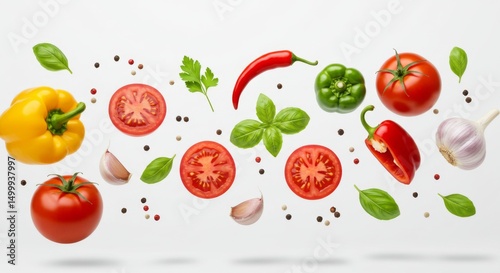 Fresh assorted vegetables and herbs flying in motion for healthy eating concept