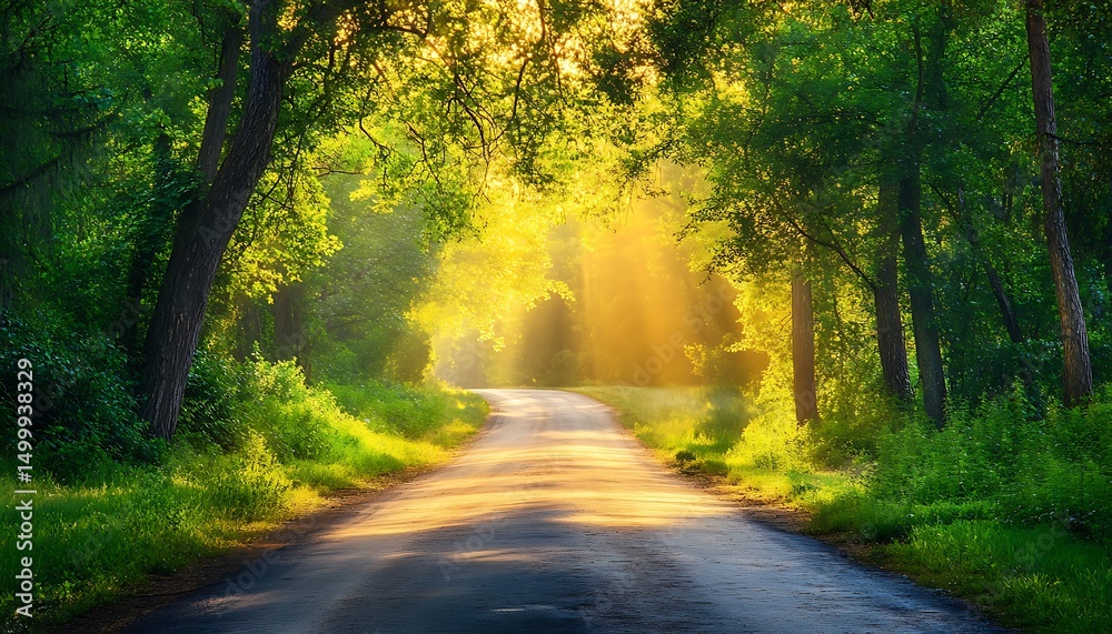 Fototapeta premium Asphalt road in the green forest with trees and rays of light