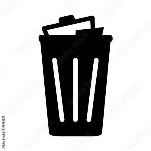 Black and white drawing of a filled trash can with three vertical lines
