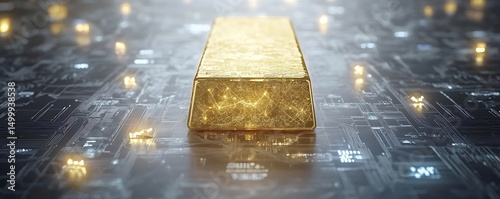 Gold bar on circuit board, digital finance