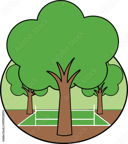 Green Grove Emblem: An illustration capturing a vibrant tree grove with a tennis court embraced within a verdant circle, symbolizing growth, leisure, and nature's tranquility.