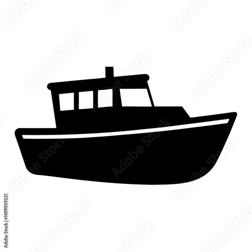 Black silhouette of a fishing boat at sea in a minimalist style