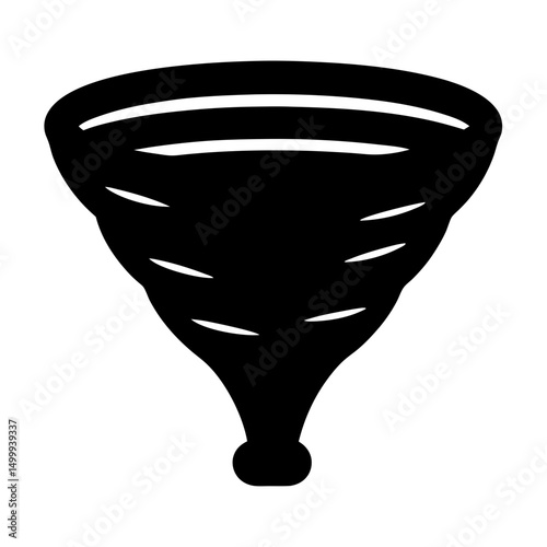 Stylized black and white illustration of a tornado vortex funnel cloud
