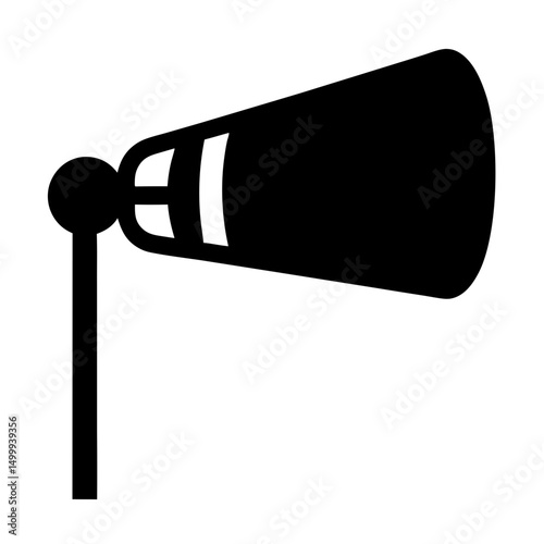 Black and white graphic representation of a windsock on a white background