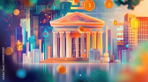 Financial institution in vibrant city, digital overlay