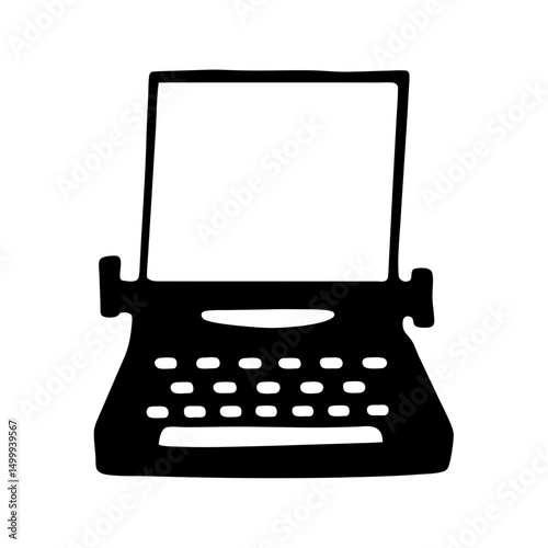 Stylized black and white silhouette illustration of a vintage manual typewriter machine