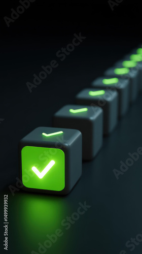 A row of glowing progress blocks, with the final one lighting up bright green with a checkmark icon, representing goal completion and personal achievement.