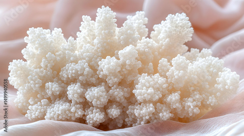 Elegant cluster of white aragonite coral exhibited on soft peach fabric