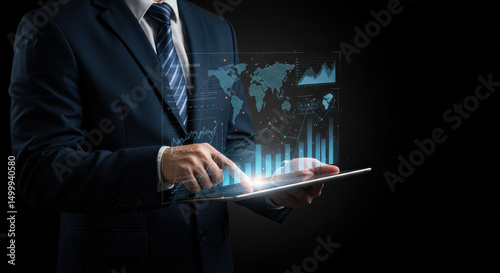 Business Insights: Man Analyzing Global Market Data & Growth Charts on Tablet. Investment Strategy, Financial Analysis & Tech Solutions Concept.