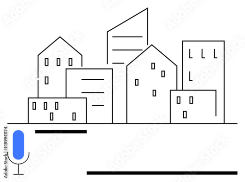 Urban skyline with clean geometric building lines alongside a microphone icon. Ideal for urbanization, technology, communication, innovation, smart cities, real estate, podcasts. Flat simple metaphor