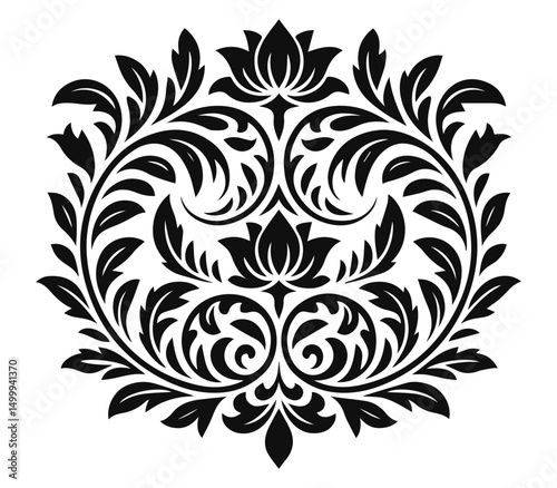 Seamless black and white vintage floral vector ornament with swirl and leaf  mandala illustration