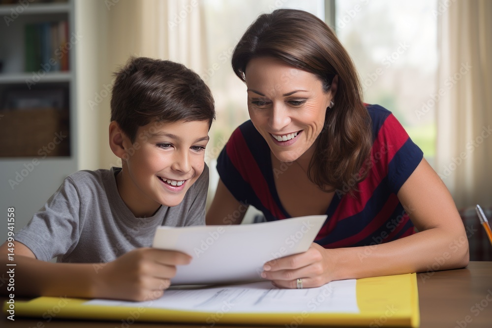 Mom helps her son do homework sitting at table writing in notebook right answer. Boy asks mother to help with homework at table with laptop. Mom in cozy modern apartment helps daughter with lessons Mom helps her son do homework sitting at table writing in notebook right answer. Boy asks mother to help with homework at table with laptop. Mom in cozy modern apartment helps daughter with lessons