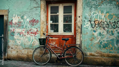 bicycle leaning against weathered wall with graffiti near door and window on cobblestone street