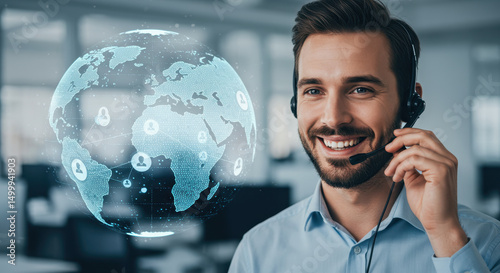 Global Support: Friendly Tech Agent with Headset Connecting the World. Customer Service Solutions, Tech Support, Virtual Assistance