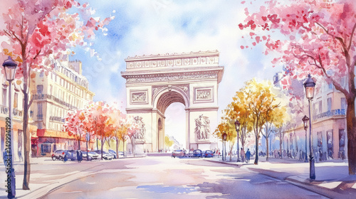 paris watercolor city street scene triomphe