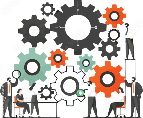Business team assembling gears illustrating collaboration and effective teamwork for success