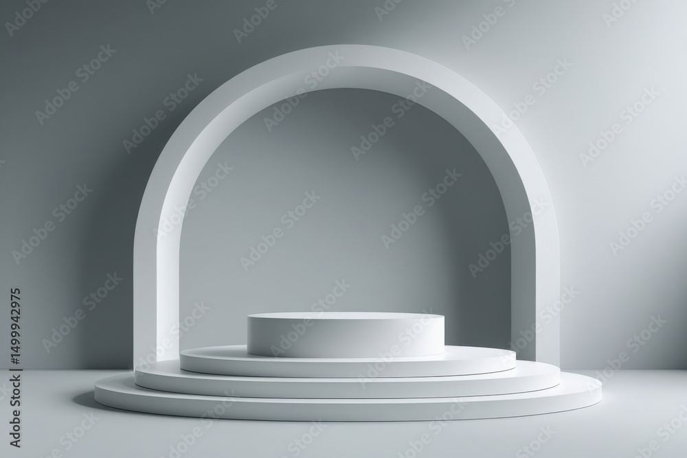 Fototapeta premium Minimalist 3D stage with circular platform and arched backdrop in monochrome grey – podium, product display, abstract architecture, modern scene, 3D render