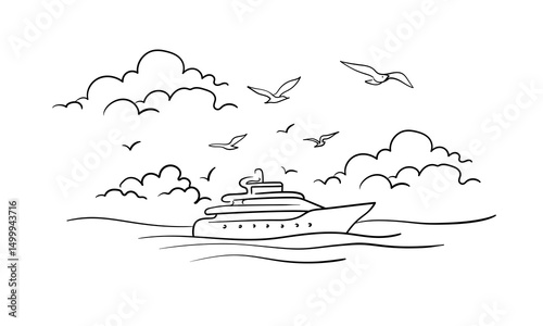Cruise liner, continious line drawing. Sea ​​transport, sea, recreation line art. Vector illustration