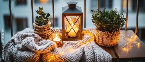 Cozy balcony scene with lantern, candles, plants, and knit blanket illuminated by fairy lights