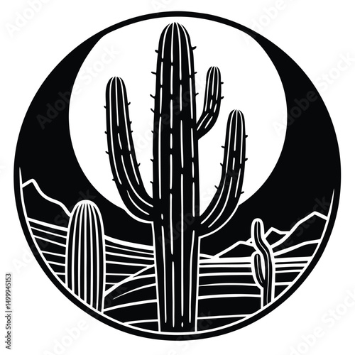 Cactus in Desert Black Silhouette Vector