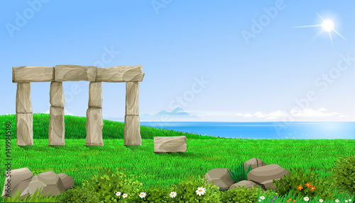 Landscape and green hills field with dolmen