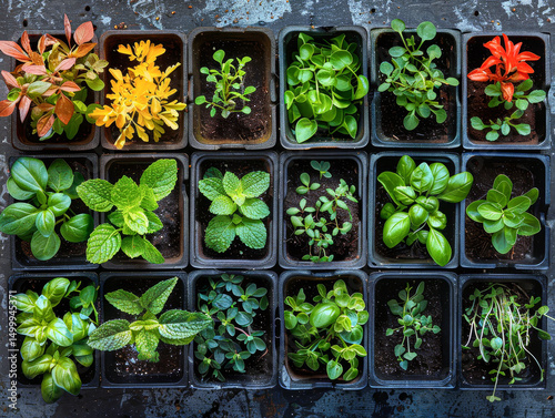 Assorted young plants in black pots arranged in neat rows on a dark tabletop, showcasing vibrant green and colorful foliage.
