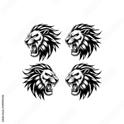 "Roaring Lion Head Collection – Black and White Fierce Lion Vector Set on White Background"
