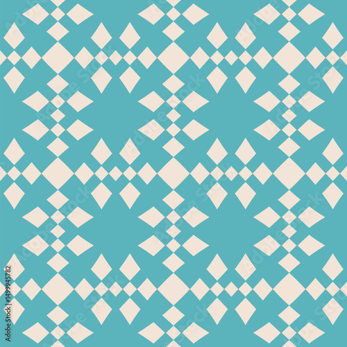 Vector checkered seamless pattern. Stylish abstract ornament texture with grid, lattice, diamond shapes, floral silhouettes. Simple vintage background. Turquoise and beige color. Repeated geo design