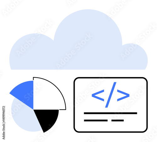 Cloud backdrop with a pie chart and a coding snippet. Ideal for technology, software development, cloud storage, data science, analytics, programming, innovation. Flat simple metaphor