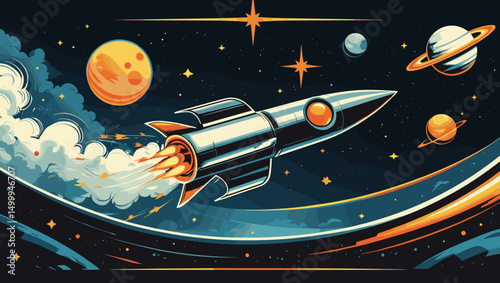 Retro-style rocket launching into space with planets and stars in a colorful cosmic scene with copy space