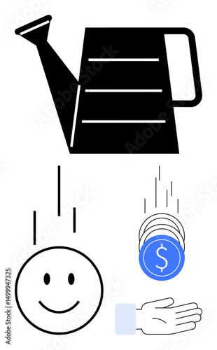 Watering can nurturing happiness and financial support with smiling face, falling coins, and an open hand. Ideal for sustainability, investment, finance, kindness, charity, support simple landing