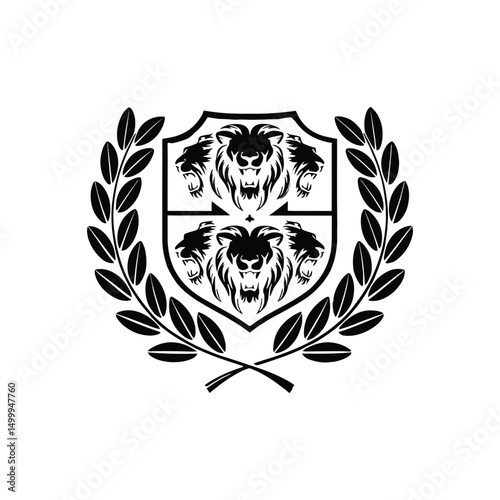 Heraldic Shield with Twin Lion Heads and Laurel Wreath in Black and White