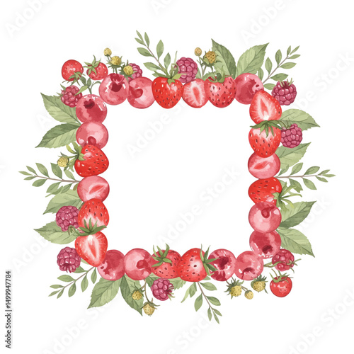 frame of strawberries, raspberries, cherries and leaves on white background
