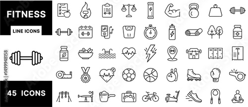 Fitness Line Icons Set – Workout, Exercise, Weightlifting, Nutrition, Sports, Gym Equipment, Wellness, Cardio, Supplements, Yoga, Health, Training Pack