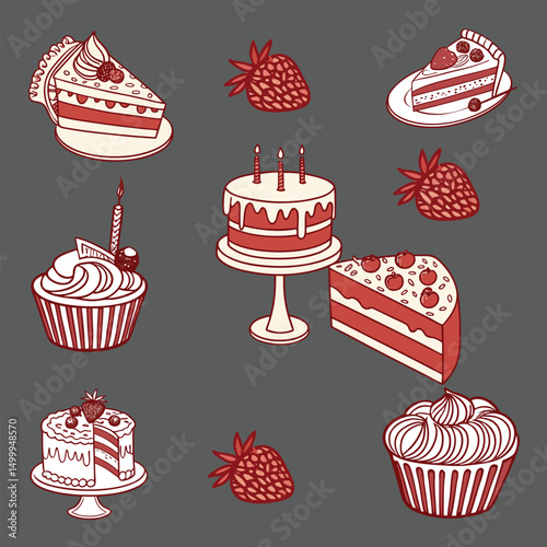 Set of hand drawn wedding and birthday cakes, cupcakes and pies. Whimsical doodle desserts illustrations. Coquette bakery items. Line art sweet pastry food.