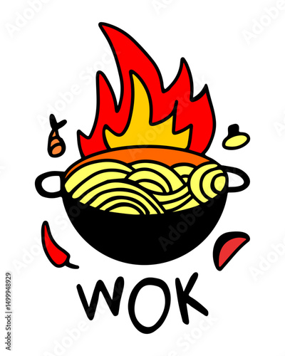 Color vector image of an asian deep frying pan wok, during the cooking process, on a white isolated background
