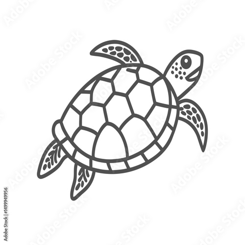 An illustrated sea turtle featuring a detailed shell design, gracefully swimming in a minimalist style.