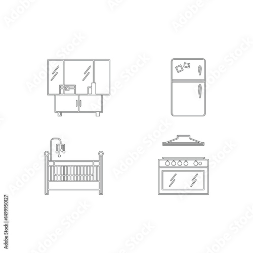 Monochrome Line Icon Set of Home Kitchen Furniture Black Vector Collection of Modern Interior Elements and Appliances