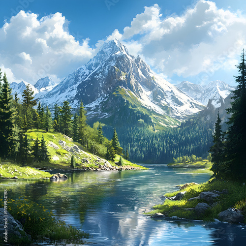 lake and mountain scene peaceful and serene blue sunny sky 