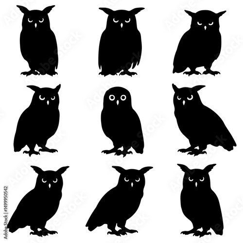 Set of owl silhouette vector different poses on isolated with white background