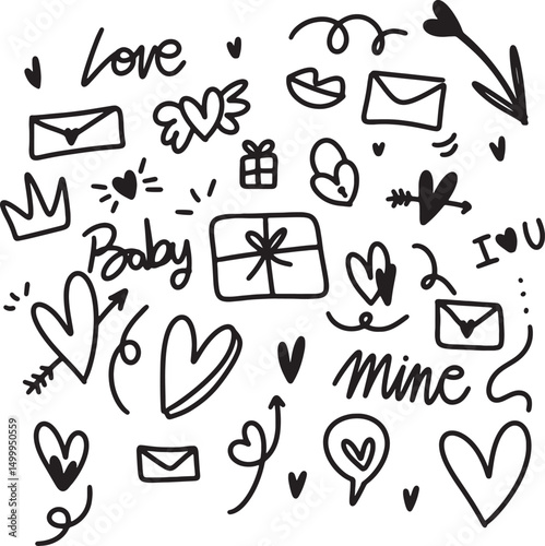 WebRomantic Doodle Elements – Cute Hearts, Love Quotes, Arrows, Stickers, Valentine’s Day Clipart