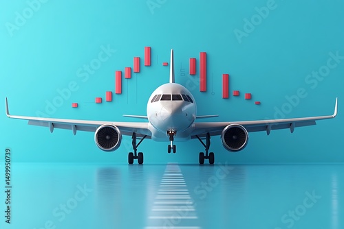 Jet airplane poised against a backdrop of red business chart on blue background