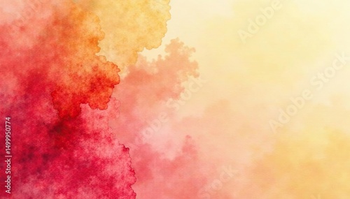 Pastel coral, red, yellow watercolor blend; soft geometric forms converge centrally , shapes, graphic