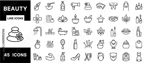 Beauty Line Icons Set – Spa, Skincare, Cosmetics, Makeup, Grooming, Wellness, Hygiene, Self-Care, Organic Products, Haircare, Fashion, Personal Style