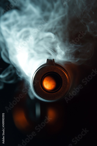 Extreme close-up of a gun barrel right after a shot, smoke curling from the muzzle, cinematic lighting.