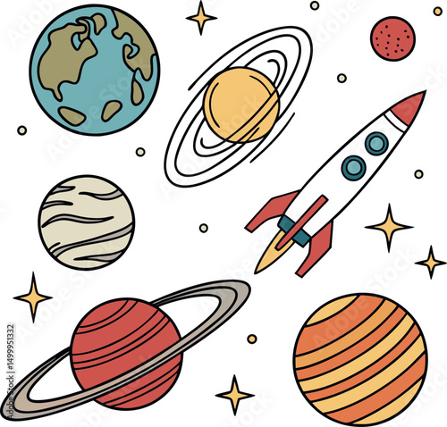 Colorful space icons featuring playful planets engaged in a lively space rocket, perfect  illustration